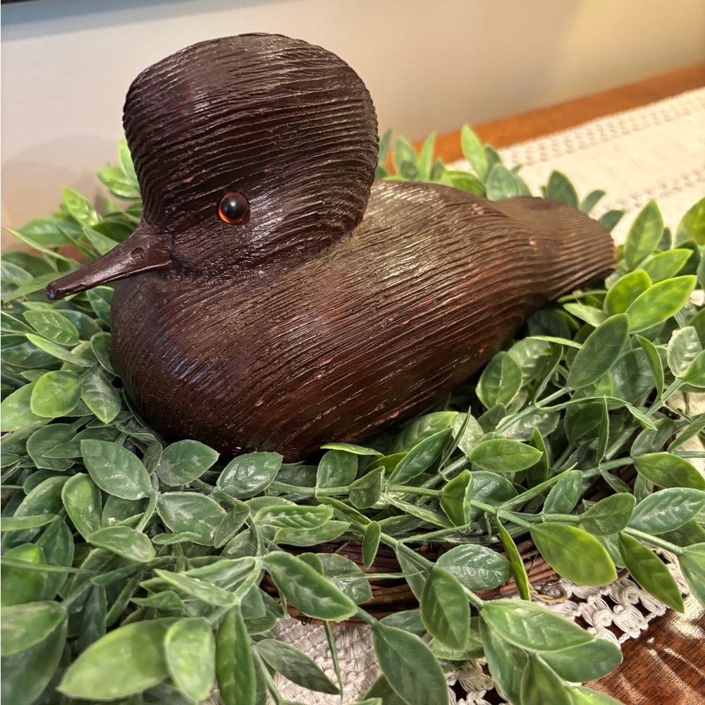 Hand-Carved Wood Duck Figurine - Dark Brown